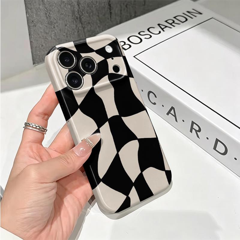 Warped Distorted Checkered Grid Black Cream Abstract Art Film Aesthetic Protective Shockproof Bumper Phone Case Cover For iPhone 14 15 16 Pro Max Plus