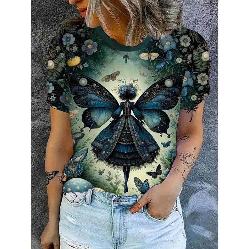 Fashionable Butterfly Tees Minimalist 3D Print Pattern Women's T Shirt Round Neck Short Sleeved Top