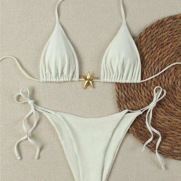 European And American Sexy Fashion Bikini Swimsuit Solid Color Metal Triangular Split Women'S Swimming