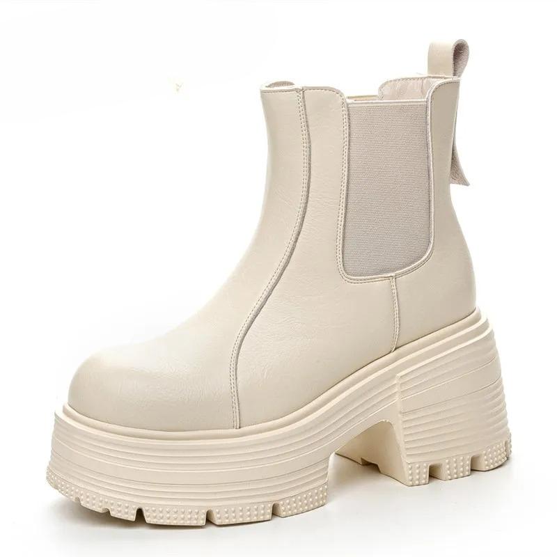 9cm Ultra-high Heels Women's Platform Boots British Style Women Chelsea Boots High Quality Leather Plush Women Ankle Boots Botas