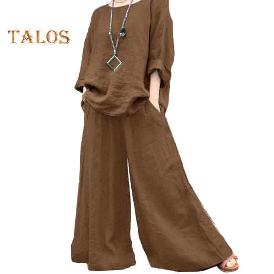 2 ks/sada Dámské svrchní kalhoty set kulatý výstřih Retro halenka s dlouhým rukávem Široké nohavice elastický pas Kalhoty Volný outfit pro každodenní volný čas