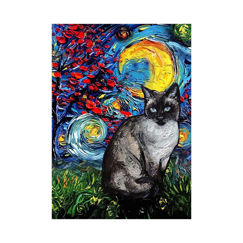 Poster Astratto Gatto Notte Stellata Van Gogh Stampa su Tela Pittura Animale Carino Arte da Parete Per Soggiorno Decorazione Casa Quadri
