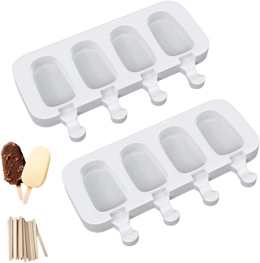 Popsicle Molds Set of 2 Ice Pop Molds Silicone 4 Cavities Ice Cream Oval Cake Pop Mold with 50 Wooden Sticks for DIY Popsicle