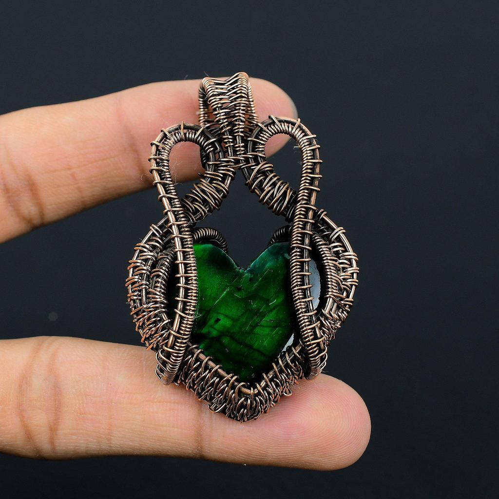 Heart Shaped Green Flash Labradorite Gemstone Copper Wire Wrapped Handmade Jewelry Pendant