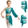 Children‘s Sparkle Gradient Rhinestone Dancewear One Shoulder Long Puff Sleeve Top with Applique Asymmetrical Draped Skirt for Recital Performance
