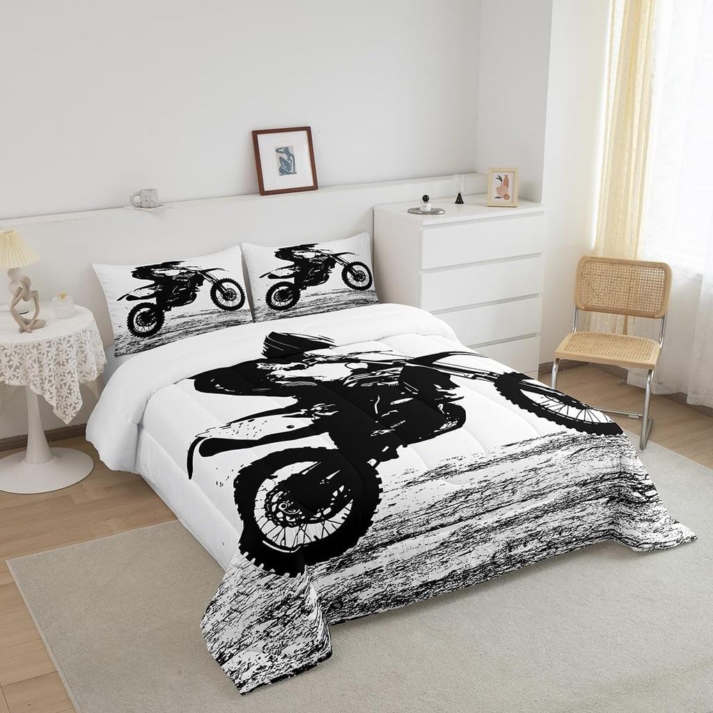 Erosebridal Teens Dirt Bike Comforter Set Twin Size, Motocross Rider Down Comforter for Kids Boys Adult Men, Motorbike Extreme Sport Bedding