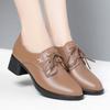 Women's Black Leather Mid-heel Lace-up Work Shoes with A Chunky Heel and Soft Leather Comfortable Single Shoes