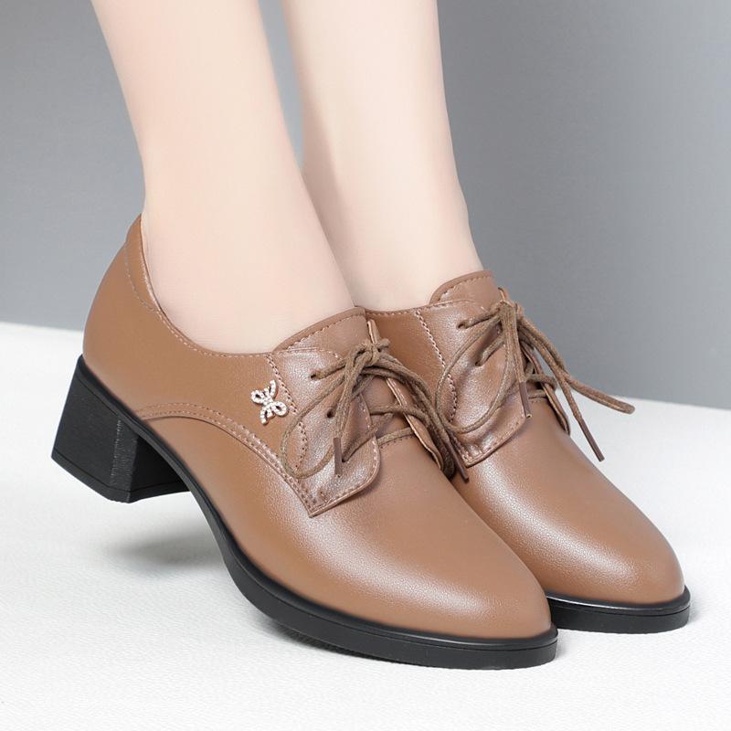 Women's Black Leather Mid-heel Lace-up Work Shoes with A Chunky Heel and Soft Leather Comfortable Single Shoes