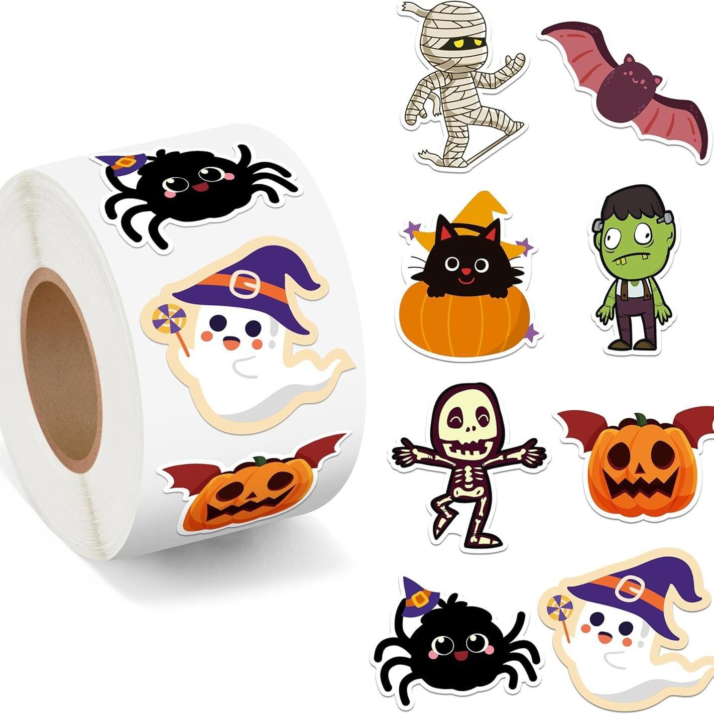 

500pcs Roll Stickers Funny Halloween Sticker Roll Cute Pumpkin Ghost Skull Spider Bat Label Decal Graffiti Stickers DIY Phone