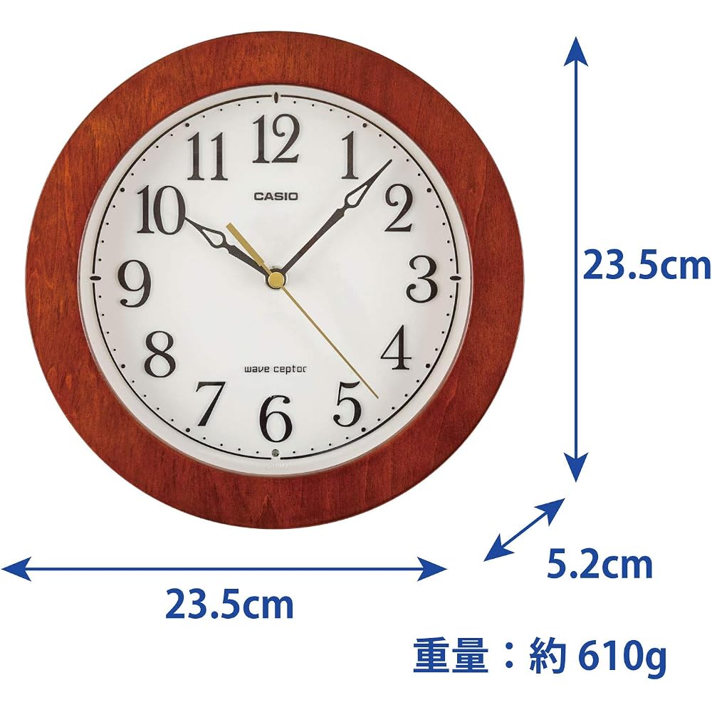 CASIO Wall Clock, Radio Controlled, Brown, 23.5cm Diameter, Analog, Wooden Frame, Nighttime Second Hand Stop Function, IQ-1107J-5JF