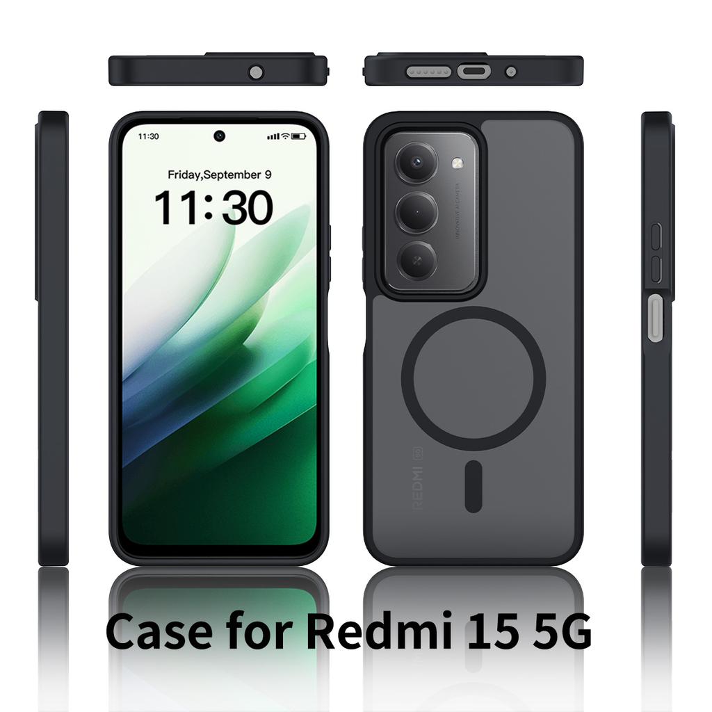 Etui magnetyczne na telefon o uczuciu skóry dla Xiaomi Redmi 15 4G 171,1 mm 5G 169,5 mm Magsafe Bezprzewodowe ładowanie Rama TPU Plastikowa tylna osłona