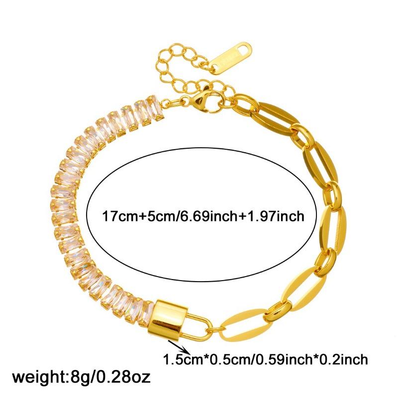18K Gold Plated Padlock Baguette CZ Link Bracelet, Dainty Paperclip Chain Charm Bracelet for Women, Trendy Jewelry