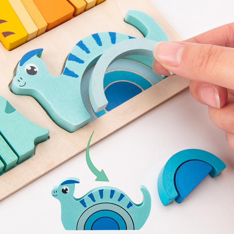 Kids Early Education Puzzle Toys -Wooden Dinosaur Color Shape Matching Training for Kids Over 3 Years Old, Hand-Eye Coordination