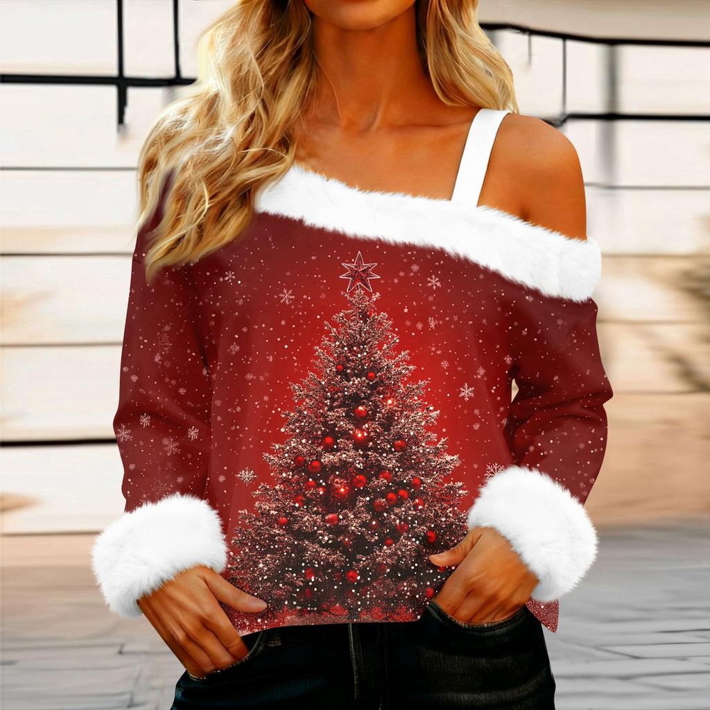 Women's Off-the-shoulder Plush Neck Printed Long-sleeved Pullover T-shirt Top