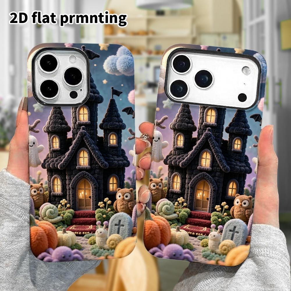 Phone Case: 2D flat design suitable for iPhone 18 17 16 15 14 13 Pro protective case, Halloween small castle, perfect holiday gift for Christmas and H