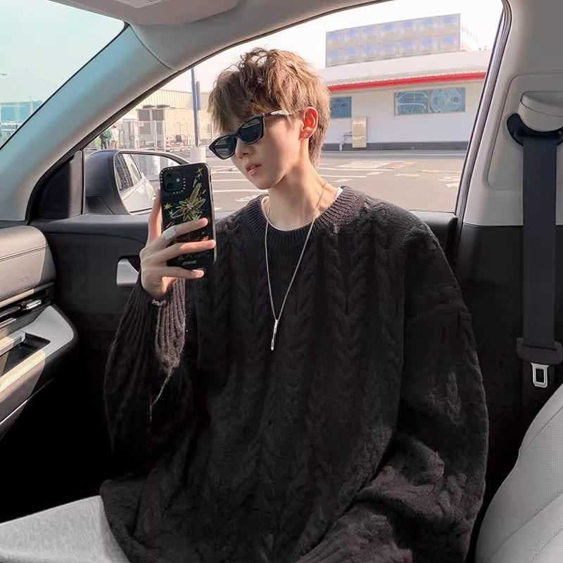 Men's Trendy Plus Size Cable Knit Sweater - American Style, Round Neck, Autumn Outerwear