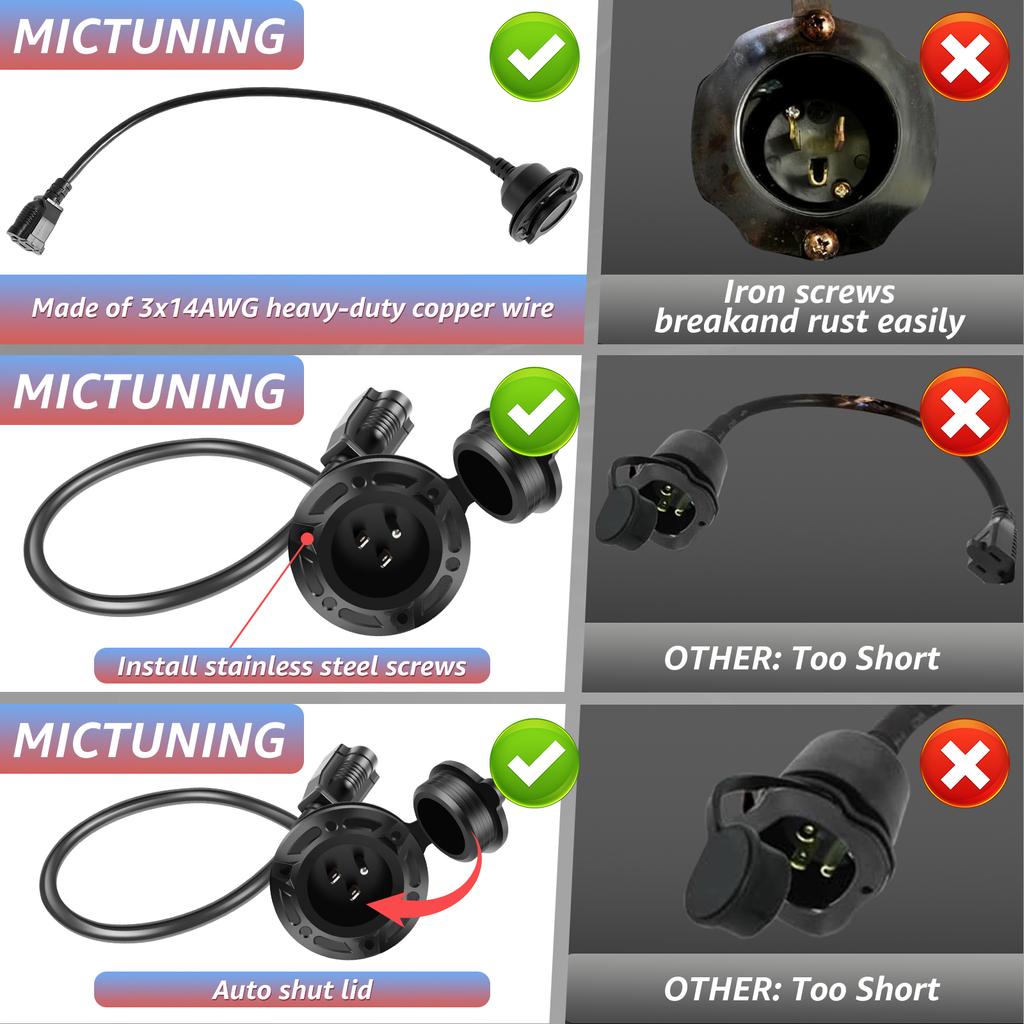 10A-15A 125V RV Power Socket AC Port Plug Inlet Port Plug with 42cm Extension Cord and Waterproof Cover for RV Bumper Boat Truck