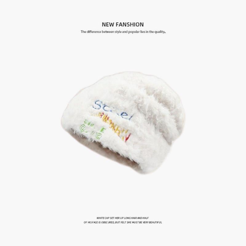 Autumn and winter women's wool hat versatile knitted hat bag head showing small face warm embroidery plush cold hat big head circumference