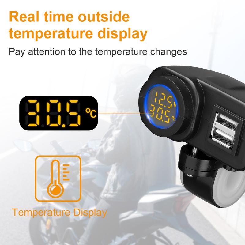 Extractme 36W Dual QC3.0 Motorcycle USB Charger Fast Charging Voltmeter Thermometer Digital Display Mobile Phone Charger Socket
