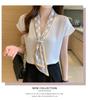 Blouse Shirt Tops Long Sleeve Chiffon Ribbon Plain Casual Formal White [Fairy Stone] Women's V-neck B-51 (S, (Short Sleeve))
