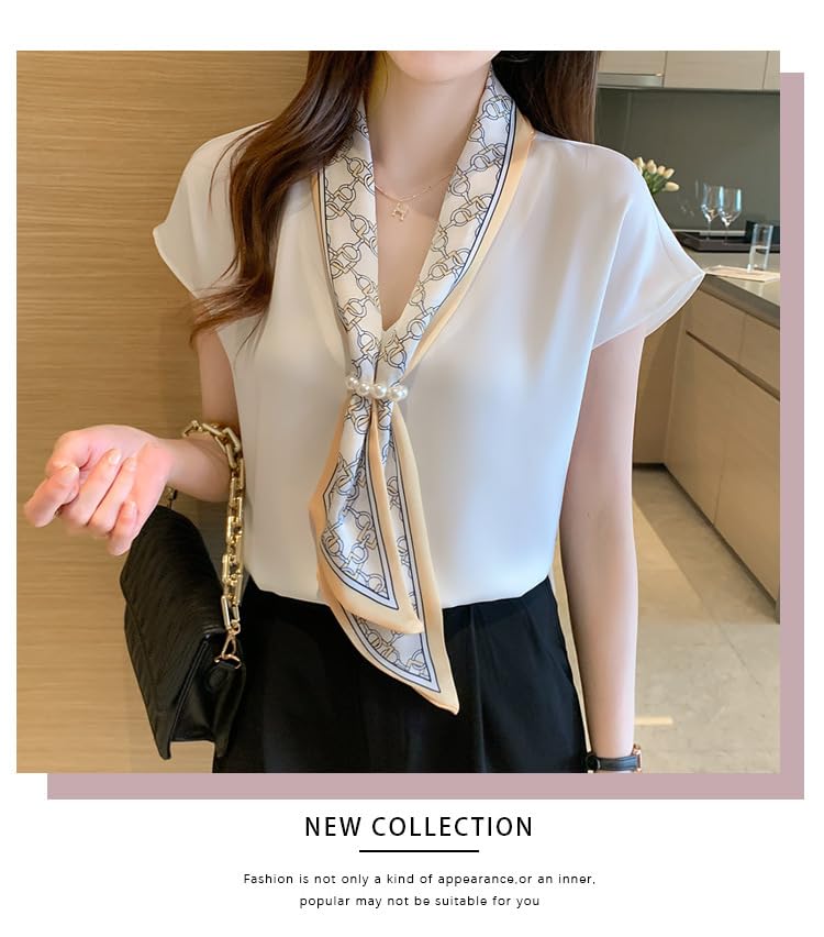 Bluse Hemd Oberteile Langarm Chiffon Schleife Einfarbig Lässig Formell Weiß [Fairy Stone] Damen V-Ausschnitt B-51 (S, (Kurzarm))