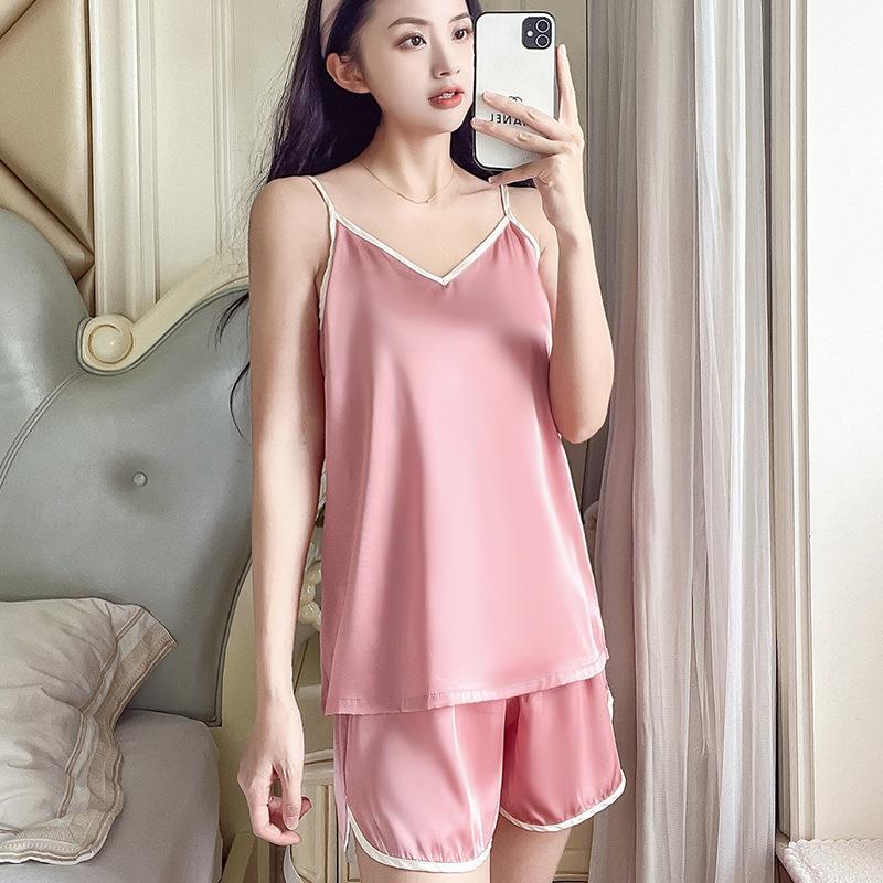 Internet celebrity live ice and snow silk sexy suspender shorts pajamas thin women's summer vest large size loose two-piece set
