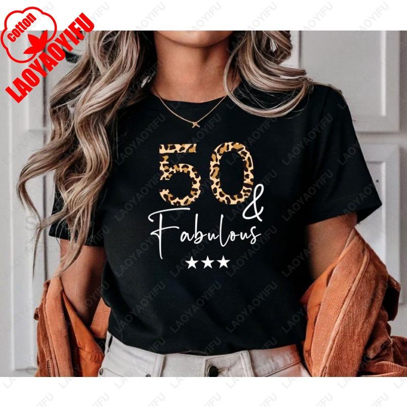 Mothers Day Mama Leopard Tshirt for Woman 50th Fabulous Bithday Age Perfect Gift Classics Aesthetic Tops Cool Cotton Cute Tee