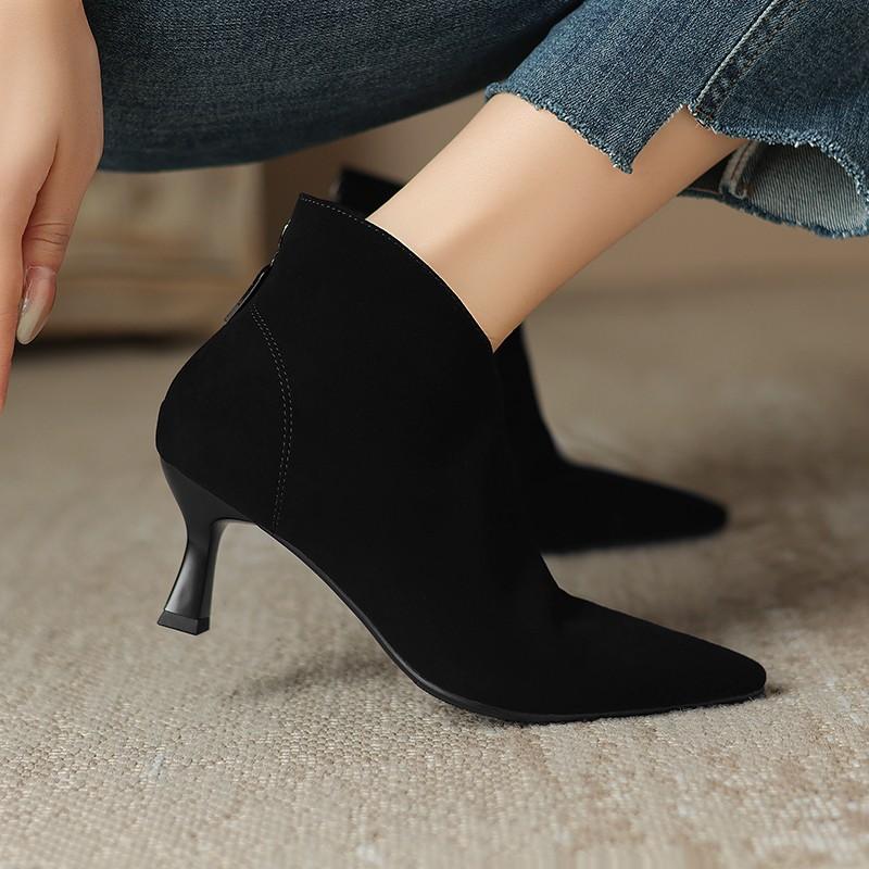 

Роскошные женские ботильоны Весенние с острым носком на шпильке Модные черные коричневые женские ботильоны на высоком каблуке из замши с боковой молнией 37 чёрный