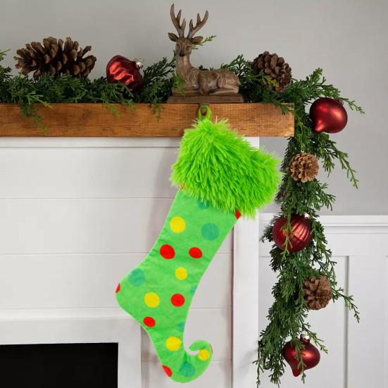Green Christmas Stockings Faux Fur Xmas Hanging Treat Bag Candy Pouch Holder Festive Atmosphere
