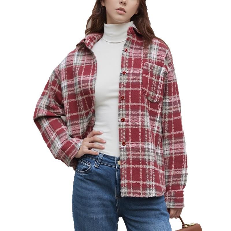 American retro new trendy plaid shirt women's loose casual and thin lazy spring and autumn shirt jacket