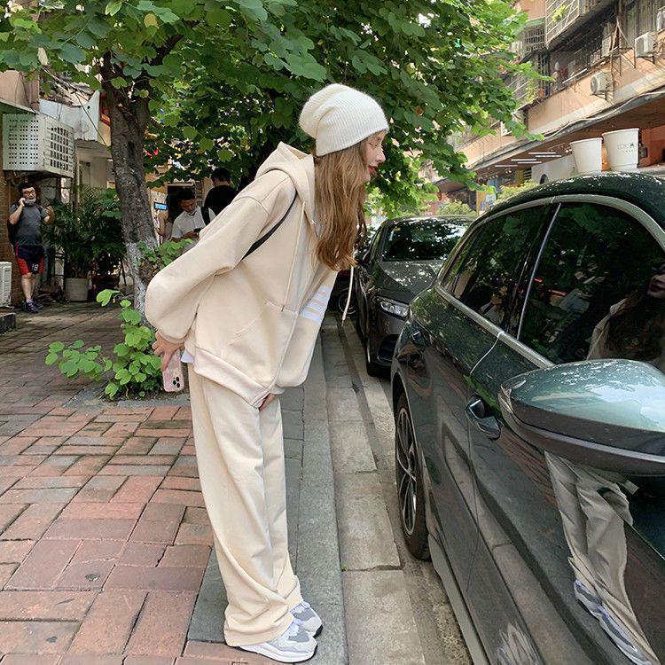 Women's Casual Korean Style Hoodie & Wide-Leg Pants Set - Slimming & Trendy for Autumn/Spring