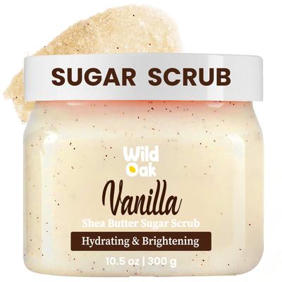 WildOak Vanilla Sugar Body Scrub | 300gm | Exfoliating, Moisturising & Brightening | Tan Removal & Strawberry Skin | With Shea Butter, Alpha Arbu