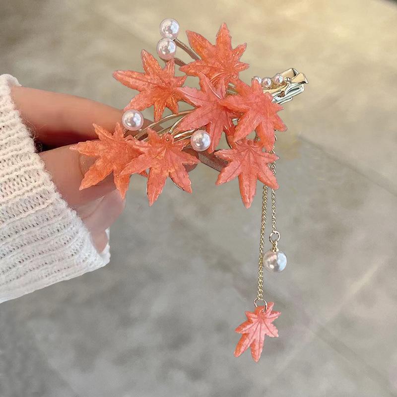 2024 Exquisite Maple Leaf Tassel Hair Clip - Elegant Duckbill Hairpin for Women