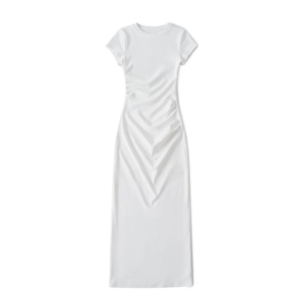Wind Summer Round Neck Short-sleeved Dress Design Pleated Elastic Slim Sexy Hip-wrapped Knee Dress