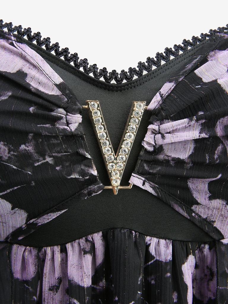 Rosegal Plus Size Flowers Watercolor Print V Buckle Lace Trim Asymmetrical Tank Top