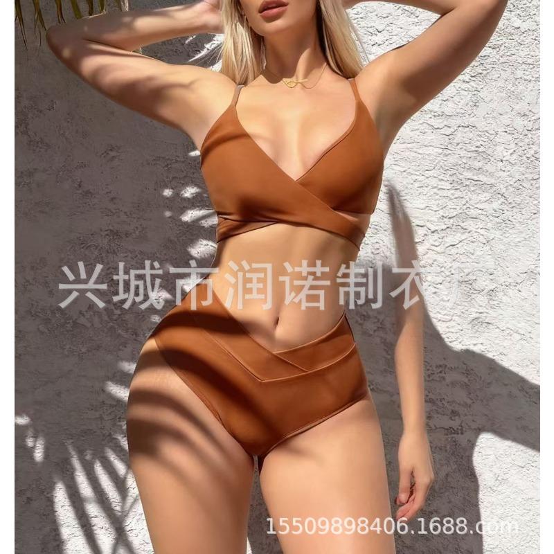 sexy split swimsuits women's small breasts gather cross suspenders high waist bikini swimsuit batch