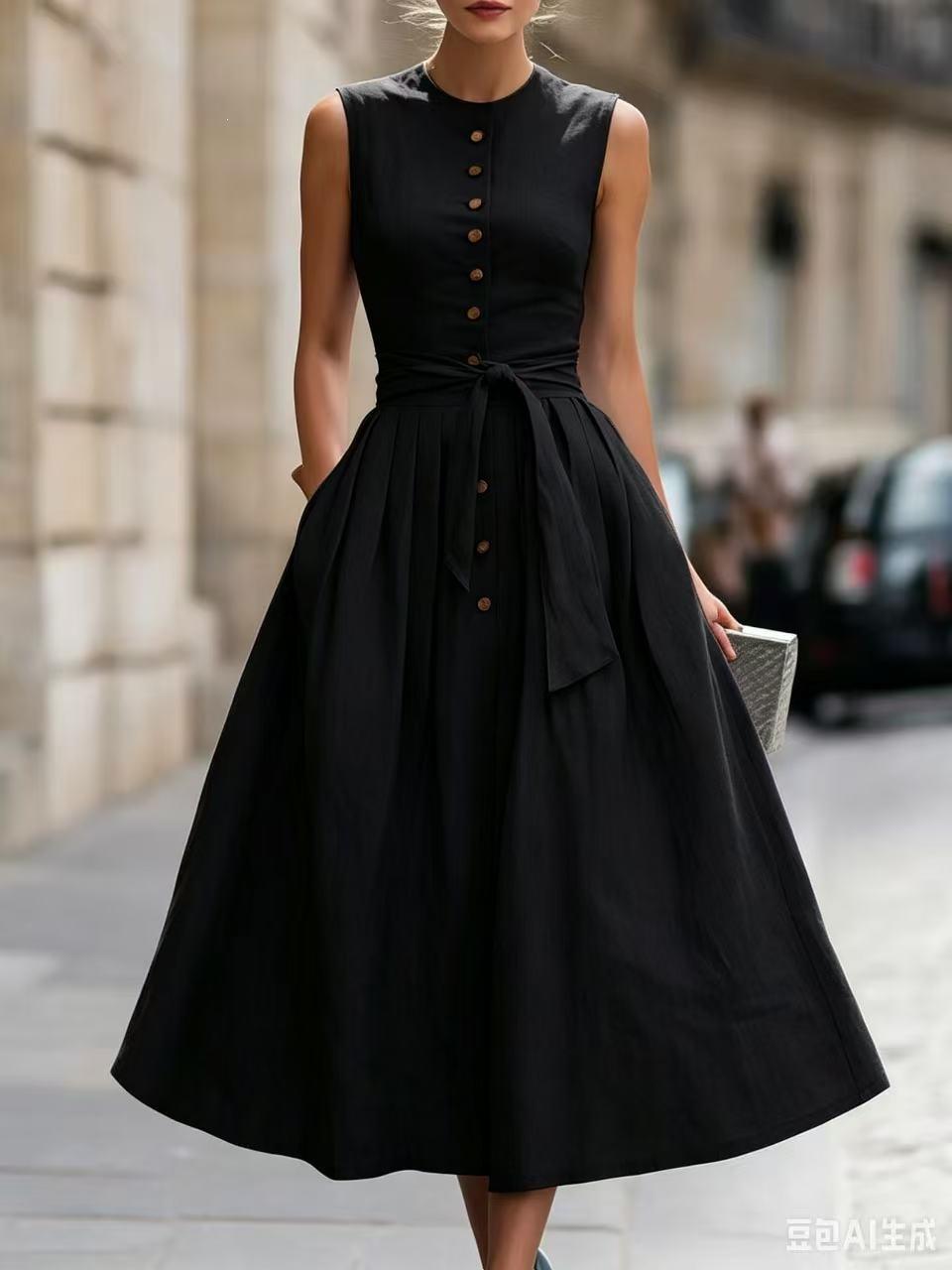 European and American independent station new temperament elegant minimalist cotton and linen women s sleeveless dress S