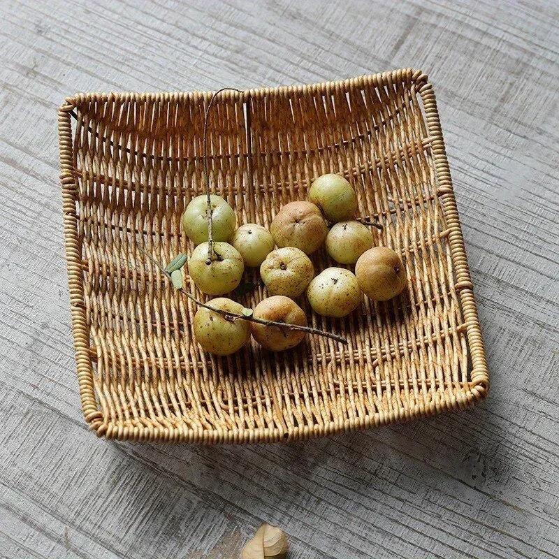 

1PC Handwoven Rattan Storage Basket Wicker Tray Picnic Basket Bread Food Plate Fruit Cake Sundries Box Tray Kitchen Decoration LS коричневый