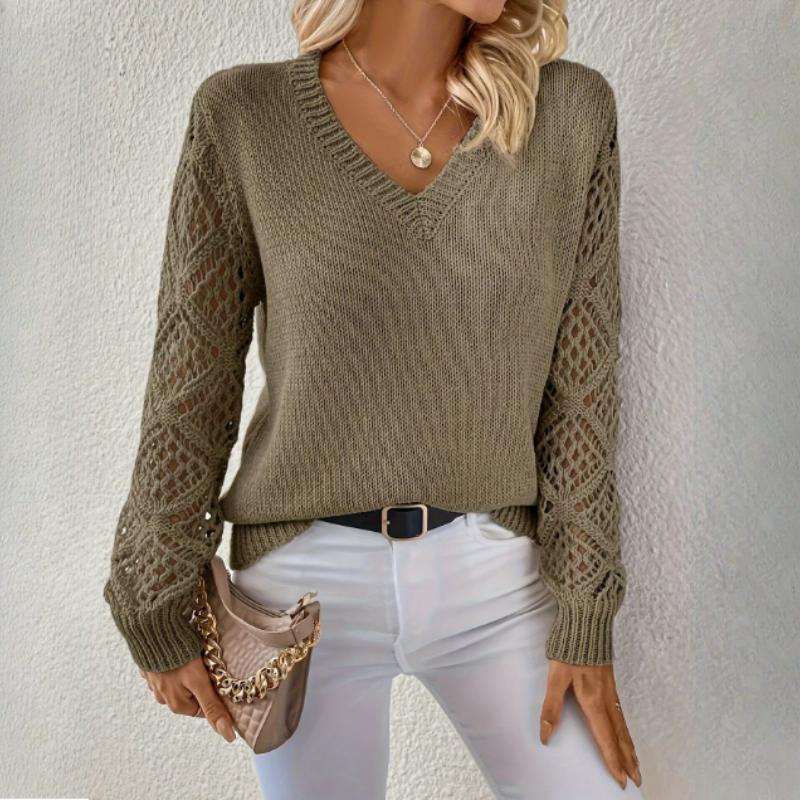 Spring and Autumn Jacket Hollow Knitted Sweater Women's Pullover Long-sleeved Crochet Jacquard Loose V-neck Bottoming Top