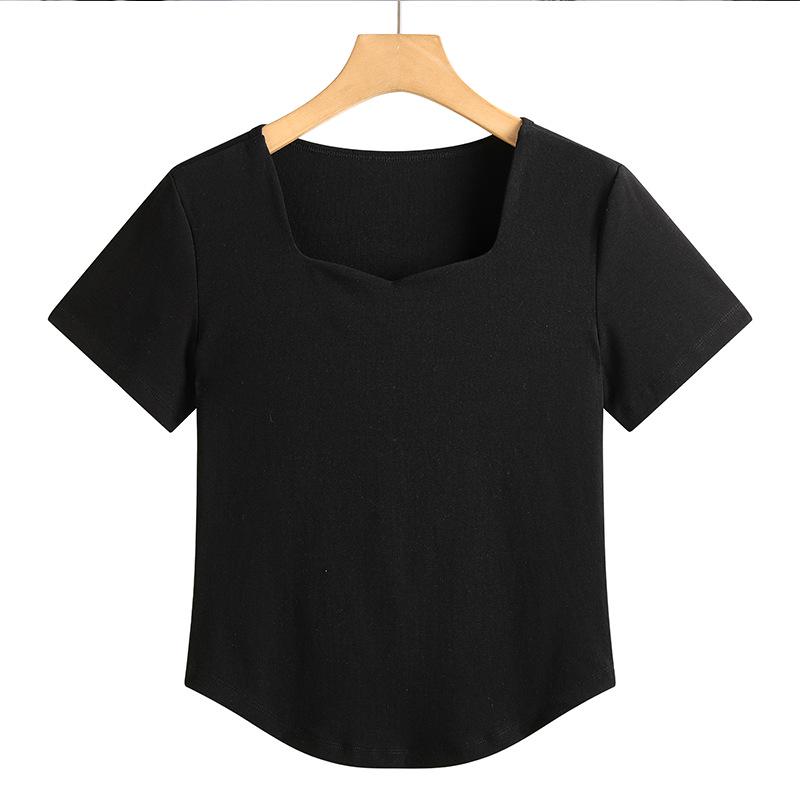 

Женская летняя облегающая футболка с квадратным вырезом и короткими рукавами - Сексуальный хлопковый модный топ с ключицей 2XL чёрный