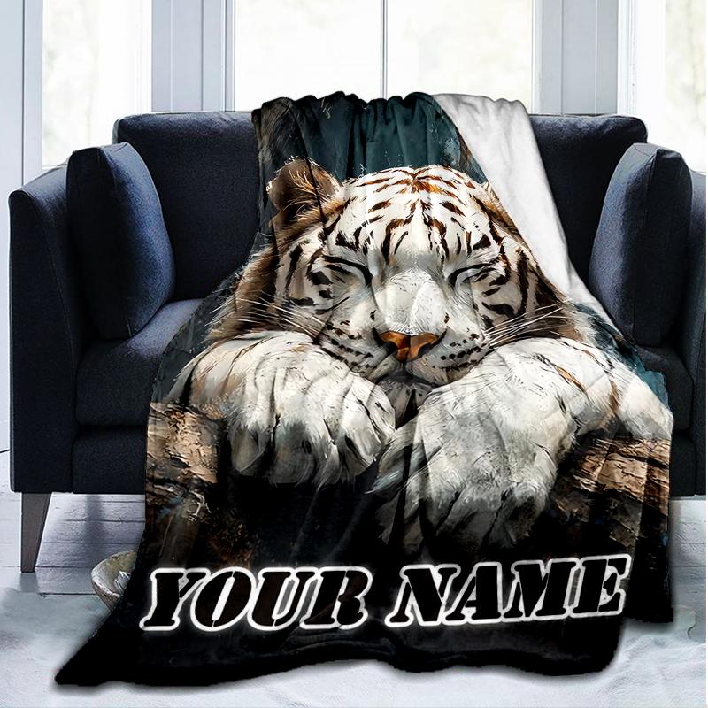 1PC Custom Name "White Tiger Dreams" Outdooor Flannel Blankets Throw Blanket All-Season Throw Gift Bedspread for Couch, Bed, Camping Holiday Birthda