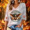 Women's Casual V-Neck Three-Quarter Sleeve Halloween Print Top