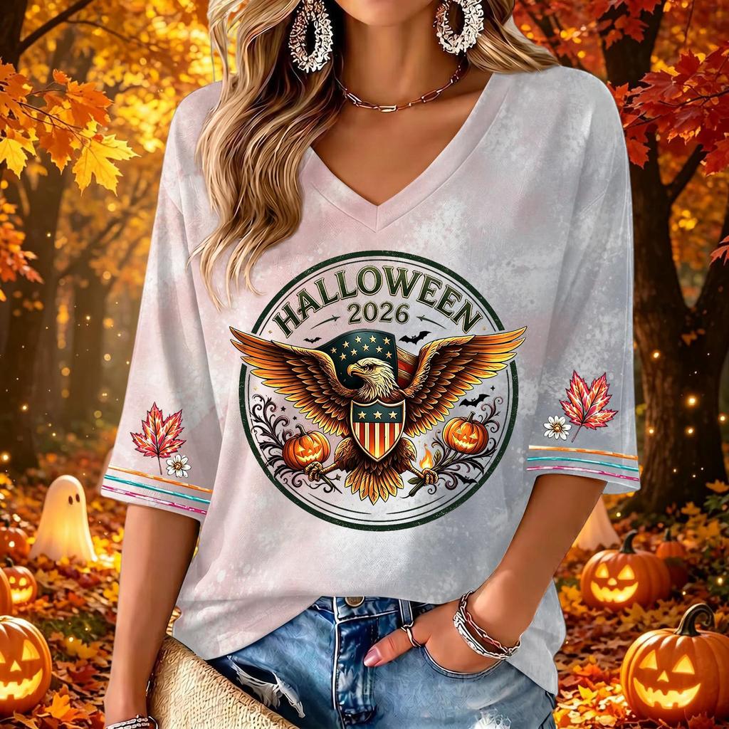 Women's Casual V-Neck Three-Quarter Sleeve Halloween Print Top