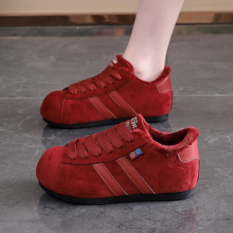 Winter Round Toe Velvet Flat Shoes Red Fashionable Women's Casual Sneakers Retro Lace Up Frosted Board Shoes zapatillas de mujer