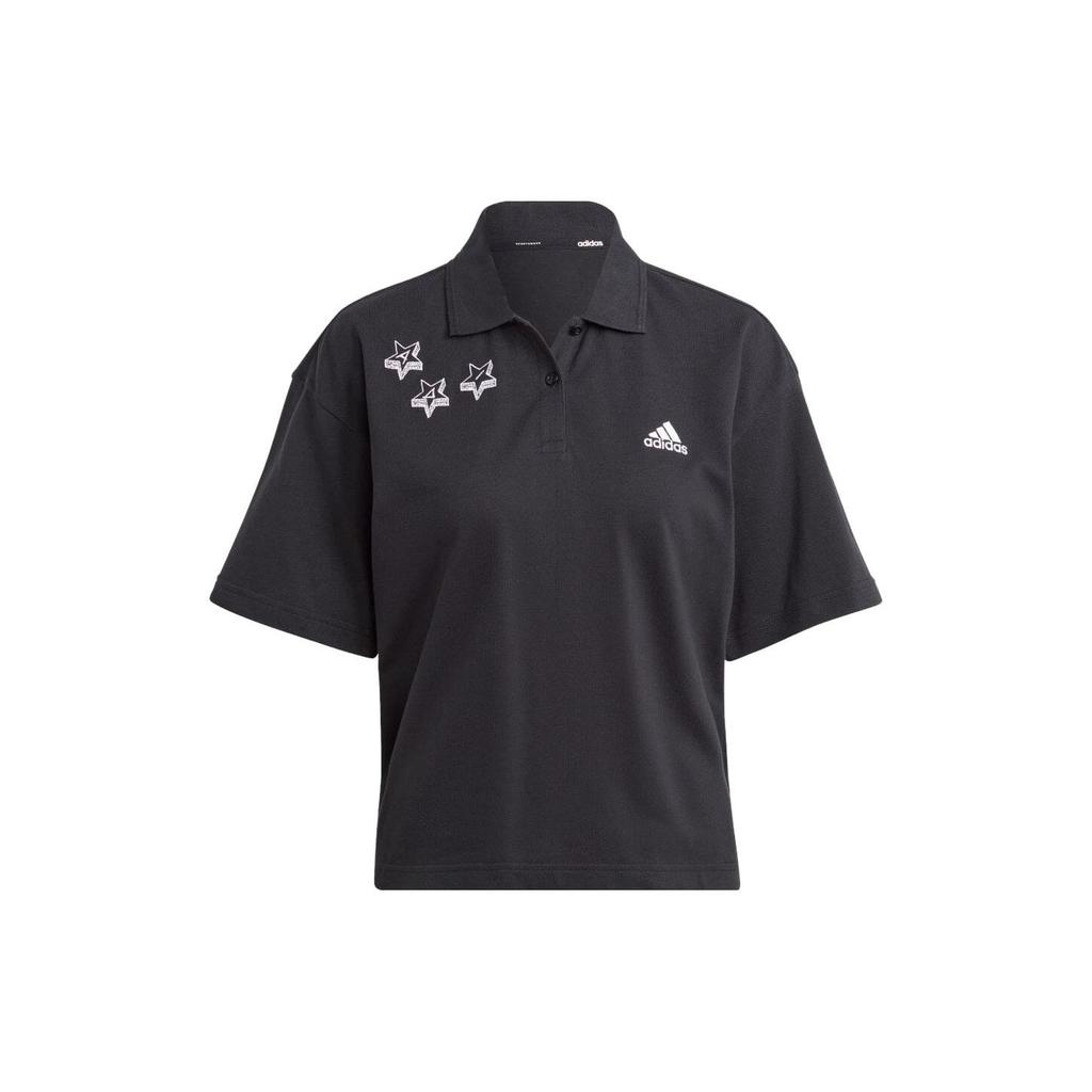 Adidas Logo Star Print Short Sleeve Polo Shirt Women Tops Black IJ8747
