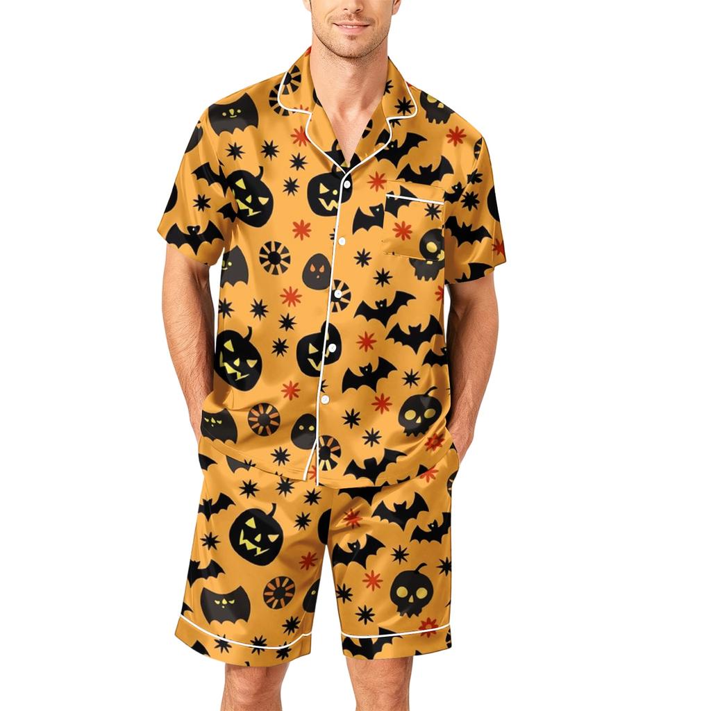Herren Kurzarm Pyjama Set Knopfleiste Hemd mit Tasche und Kordelzug Shorts Weich Leicht Lässig Nachtwäsche S bis XXXXL
