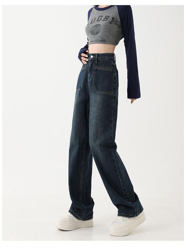 Women's Plus Velvet High Waist Wide Leg Jeans - Floor Length, Warm, Thickened, Straight Leg, with Pockets for Pear Shape.