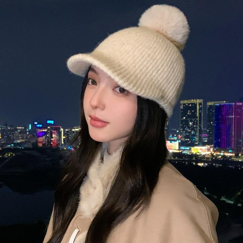 Solid Color Warm Wool Cap Thermal Ear Protection Hat Cute Pompom Plush Beanie Winter