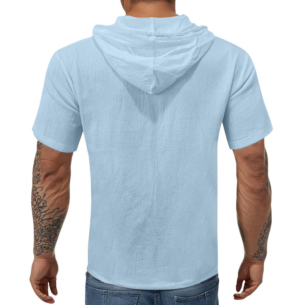 Pánské ležérní tričko s krátkým rukávem a kapucí, s rozhalenkou na knoflíky