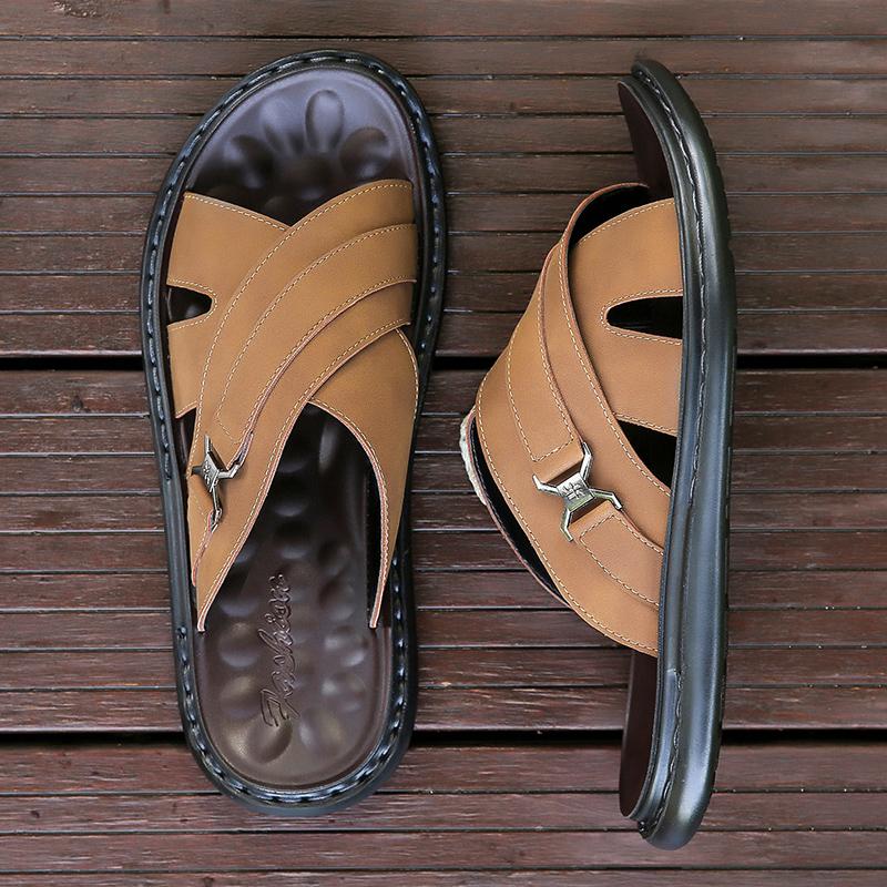 Men Black Leather Slippers Simple Flats Summer Brown Outdoor Roman Sandals Outdoor Beach Shoes Over Sized